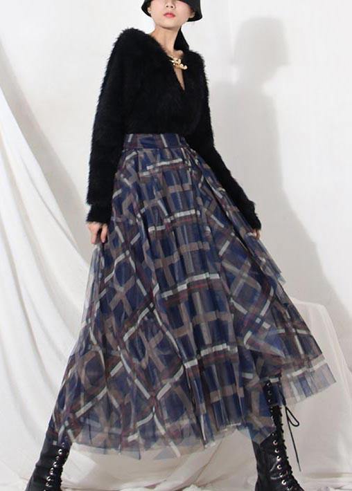 Women Blue Plaid zippered A Line Skirt Summer