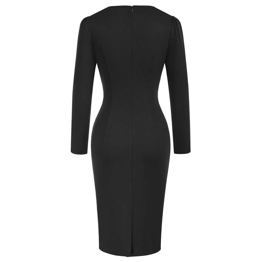 Seckill Offer⌛Vintage Ruched Dress Long Sleeve Defined Waist Bodycon Dress