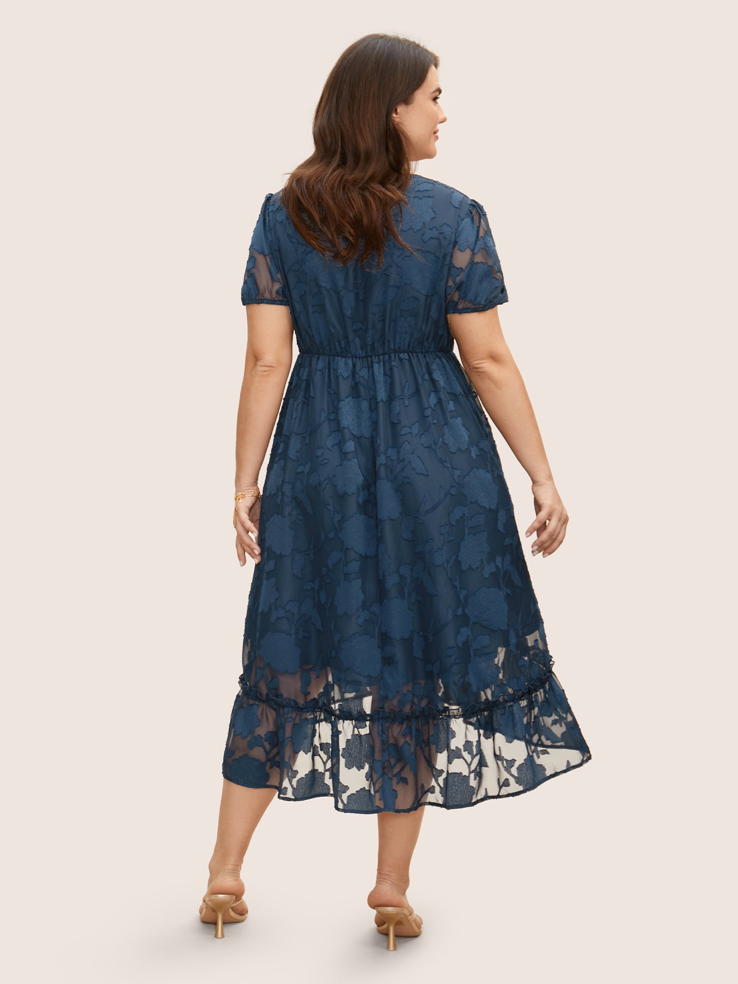 Textured Mesh Puff Sleeve Button Detail Dress