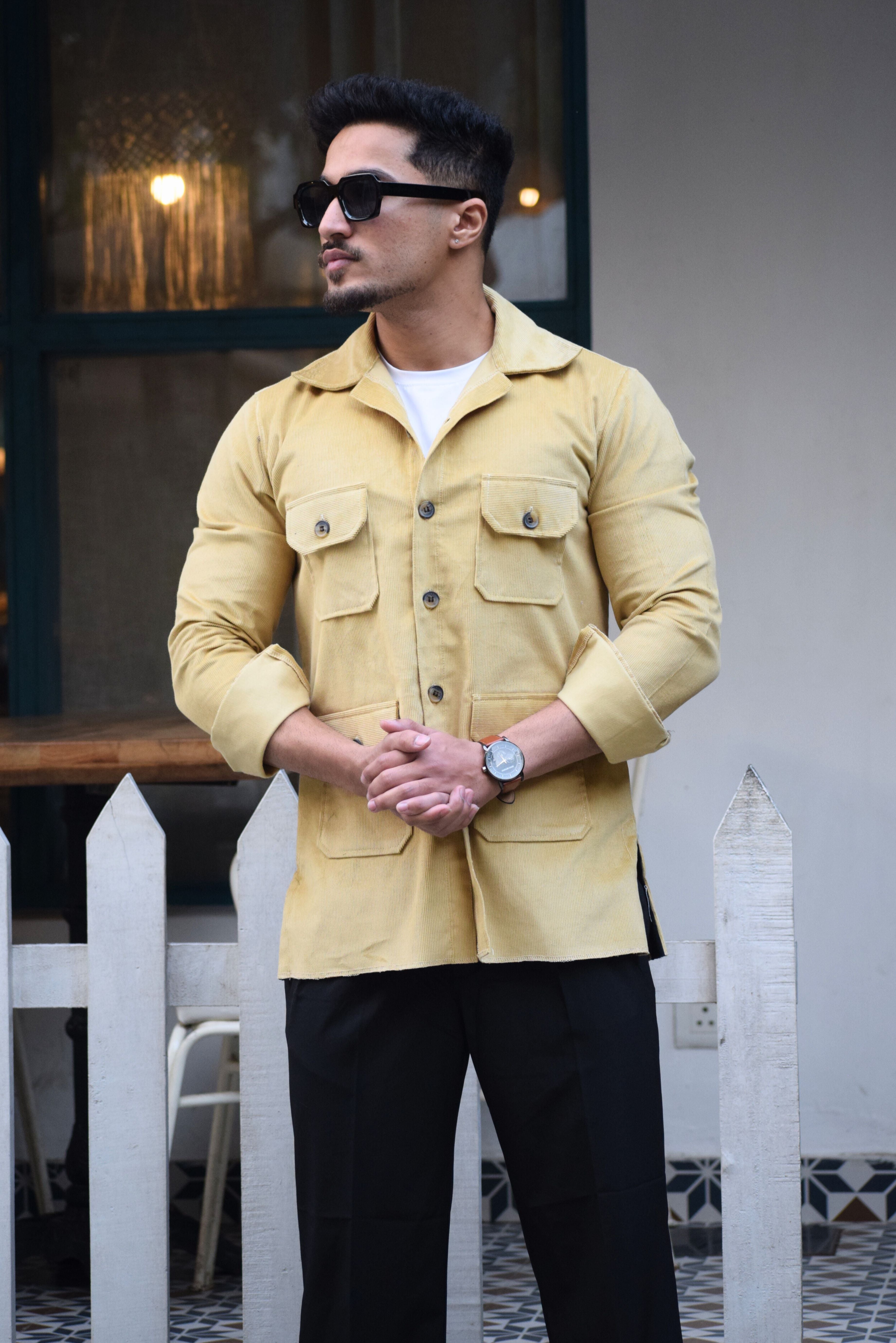 Parmesan-Yellow Corduroy Hunting Shacket for Men