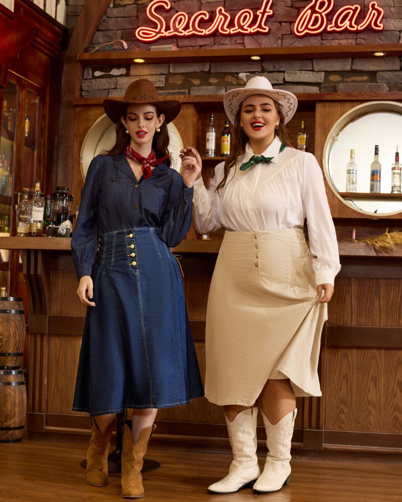 Vintage Midi Jean Denim Skirt for Women Button Front High Waist A Line Casual Flare Stretch