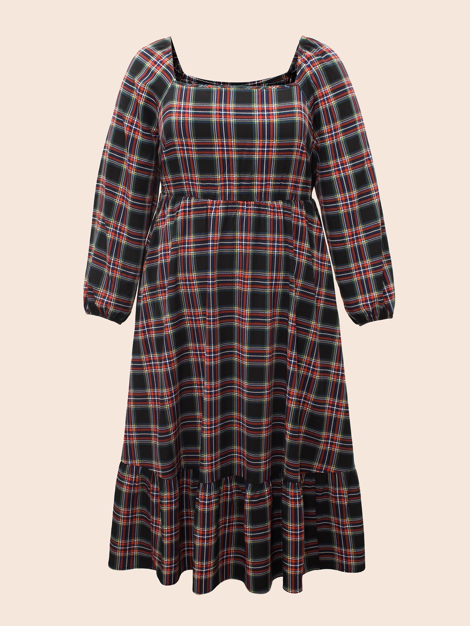 Plaid Square Neckline Puffy Sleeve Midi Dress