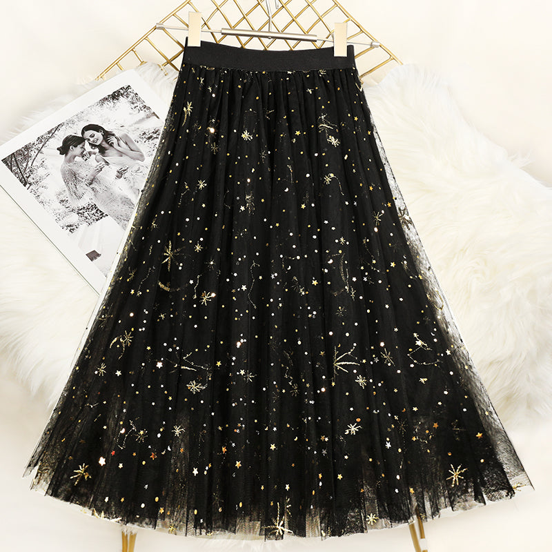 Chic Black Embroidered Sequins tulle Skirts Summer