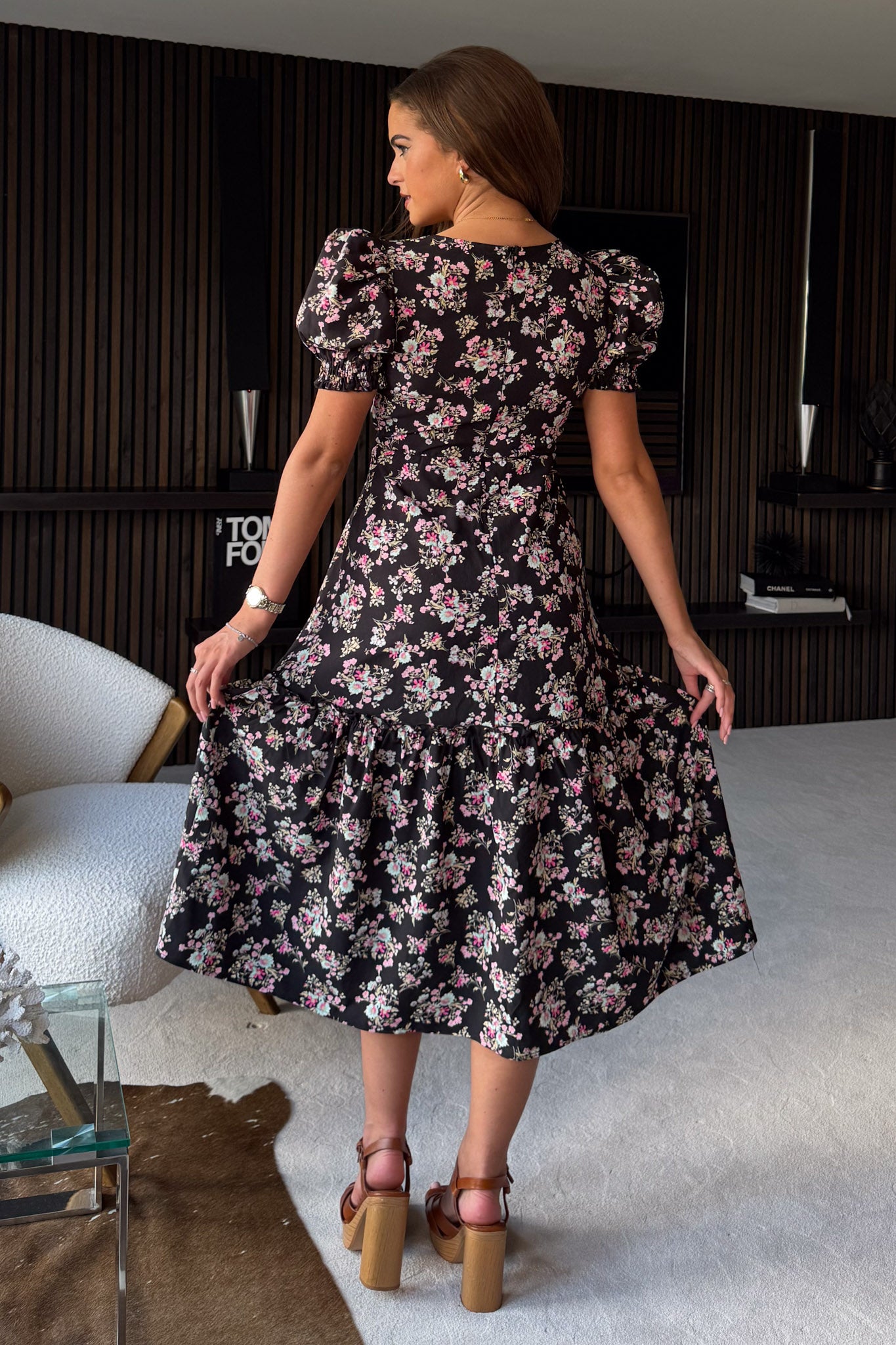 Maya Wrap Tierred Midi Dress Black Floral