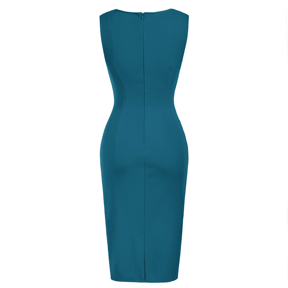 Vintage Ruched Bodycon Dress Sleeveless Surplice V-Neck Pencil Dress