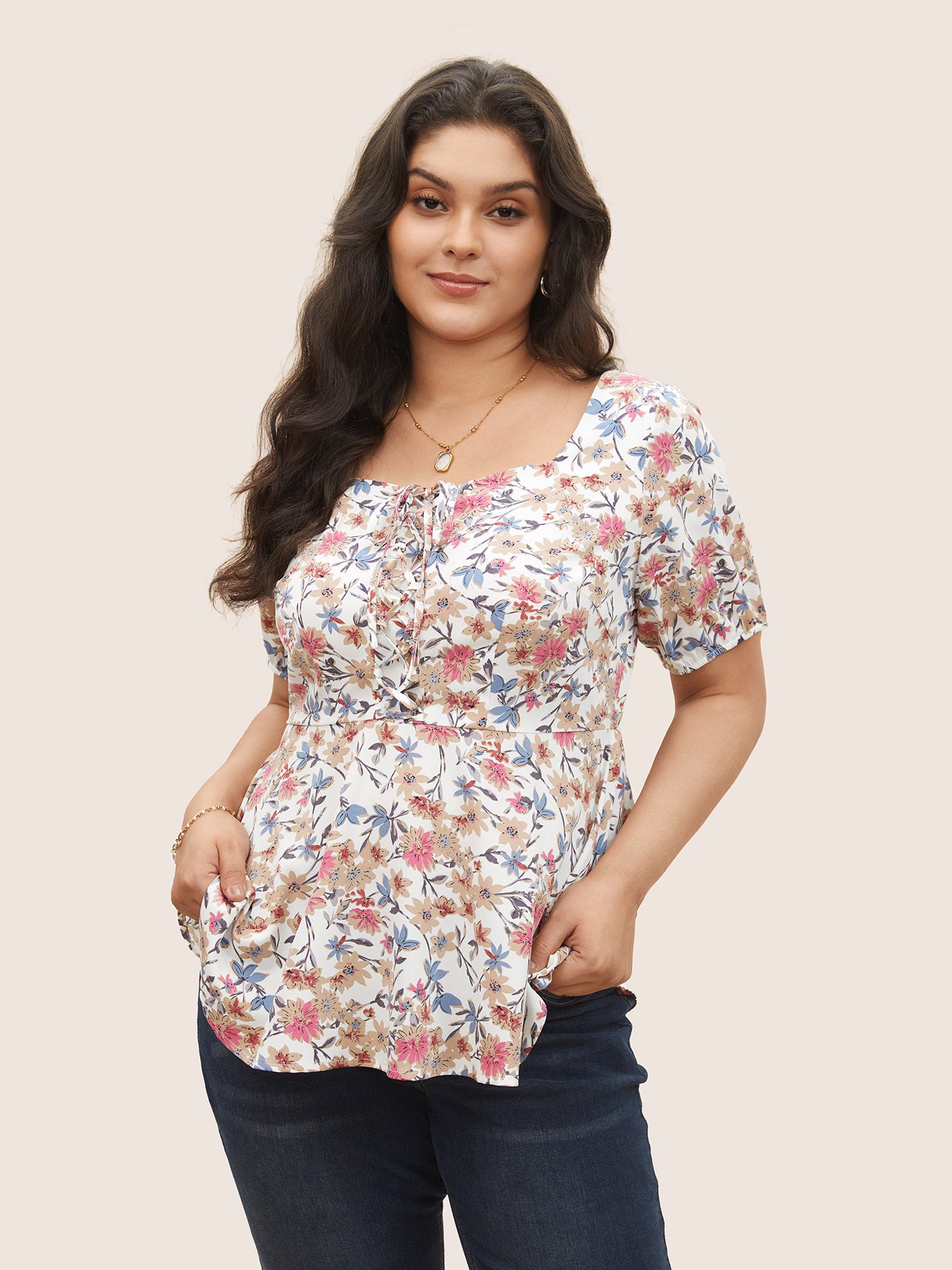 Floral Lace Up Gathered Lantern Sleeve Blouse