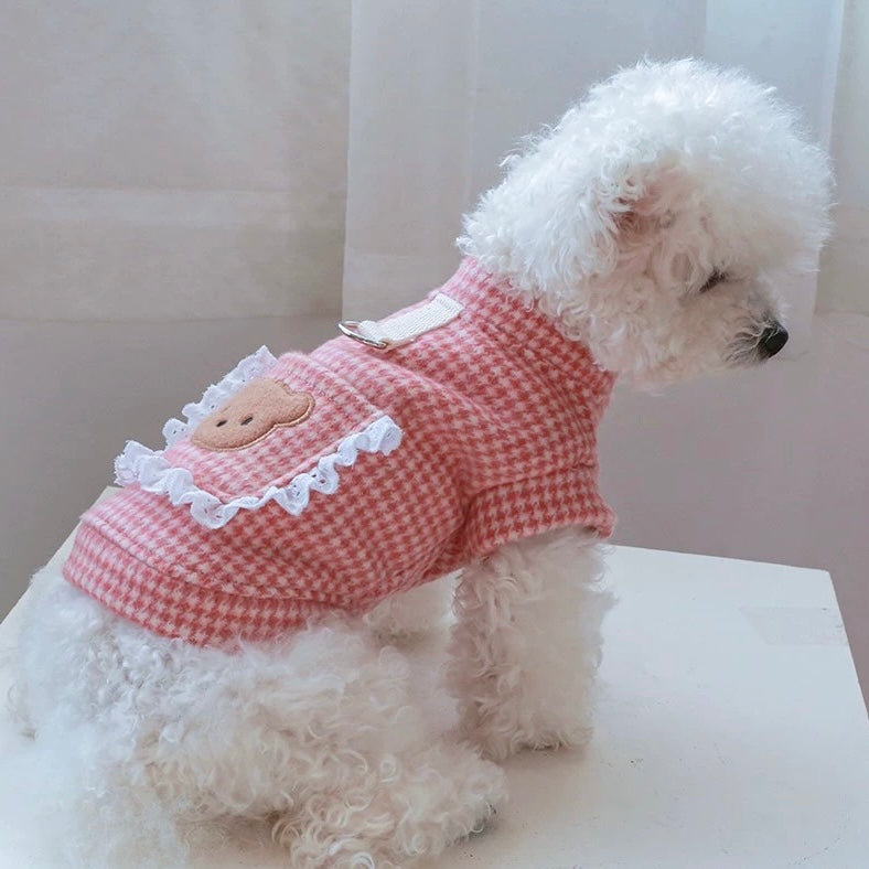 Houndstooth Printed Dog Harness Dress/Hoodie