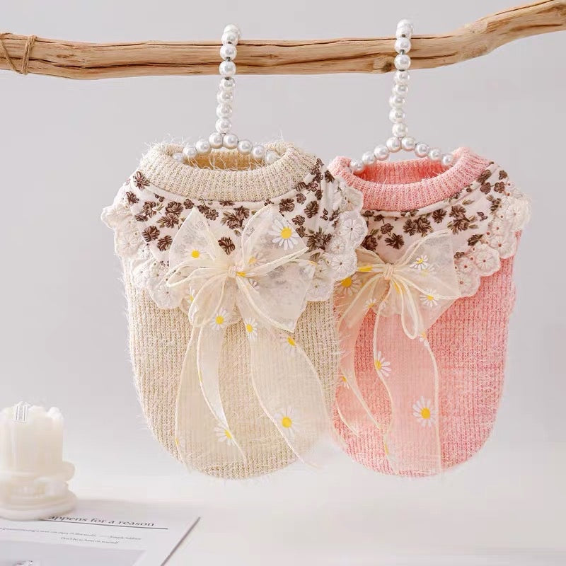 Daisy Printed Lace Bowknot Dog Cat Sweater