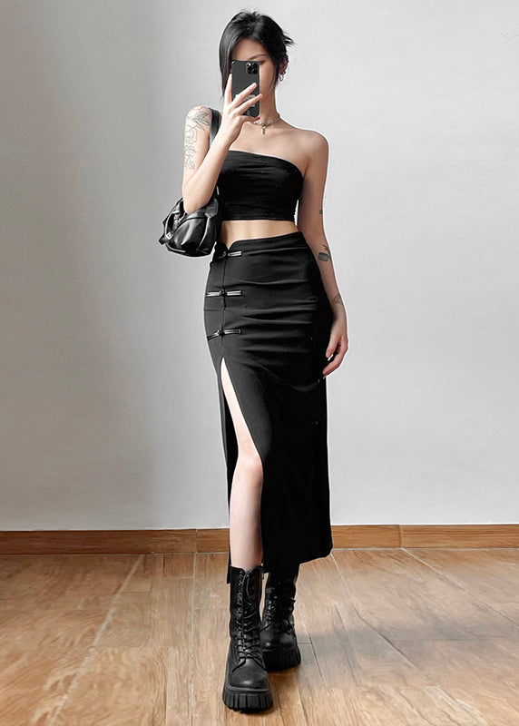 Fashion Black High Waist Side Open Chinese Button Skirt Summer