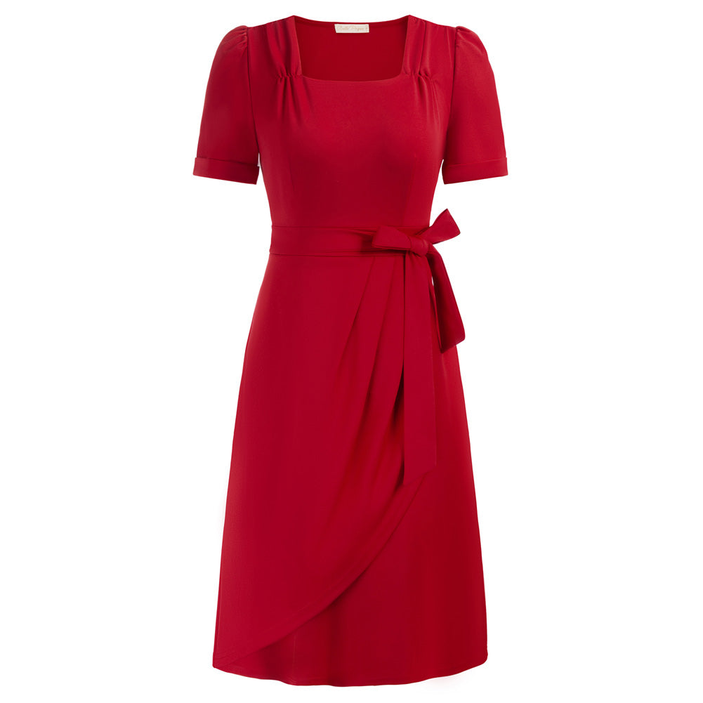 Vintage Square Neck Dress Short Sleeve Defined Waist A-Line Dress
