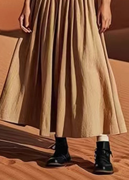 Khaki Wrinkled Elastic Waist Linen Skirt Summer
