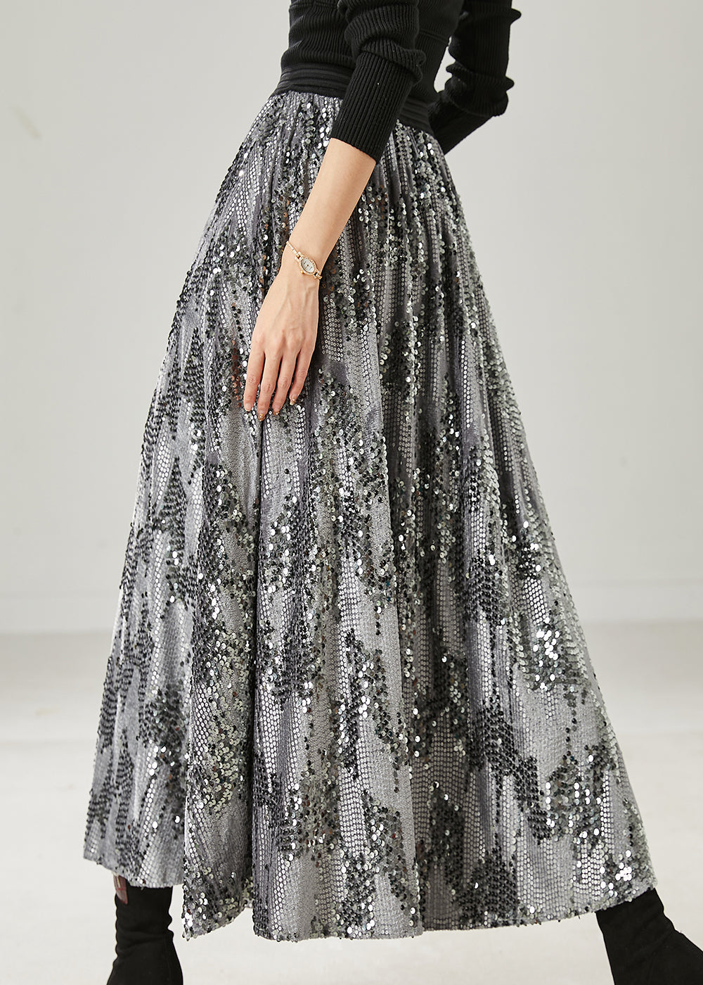 Grey Sequins Exra Large Hem Skirt Summer