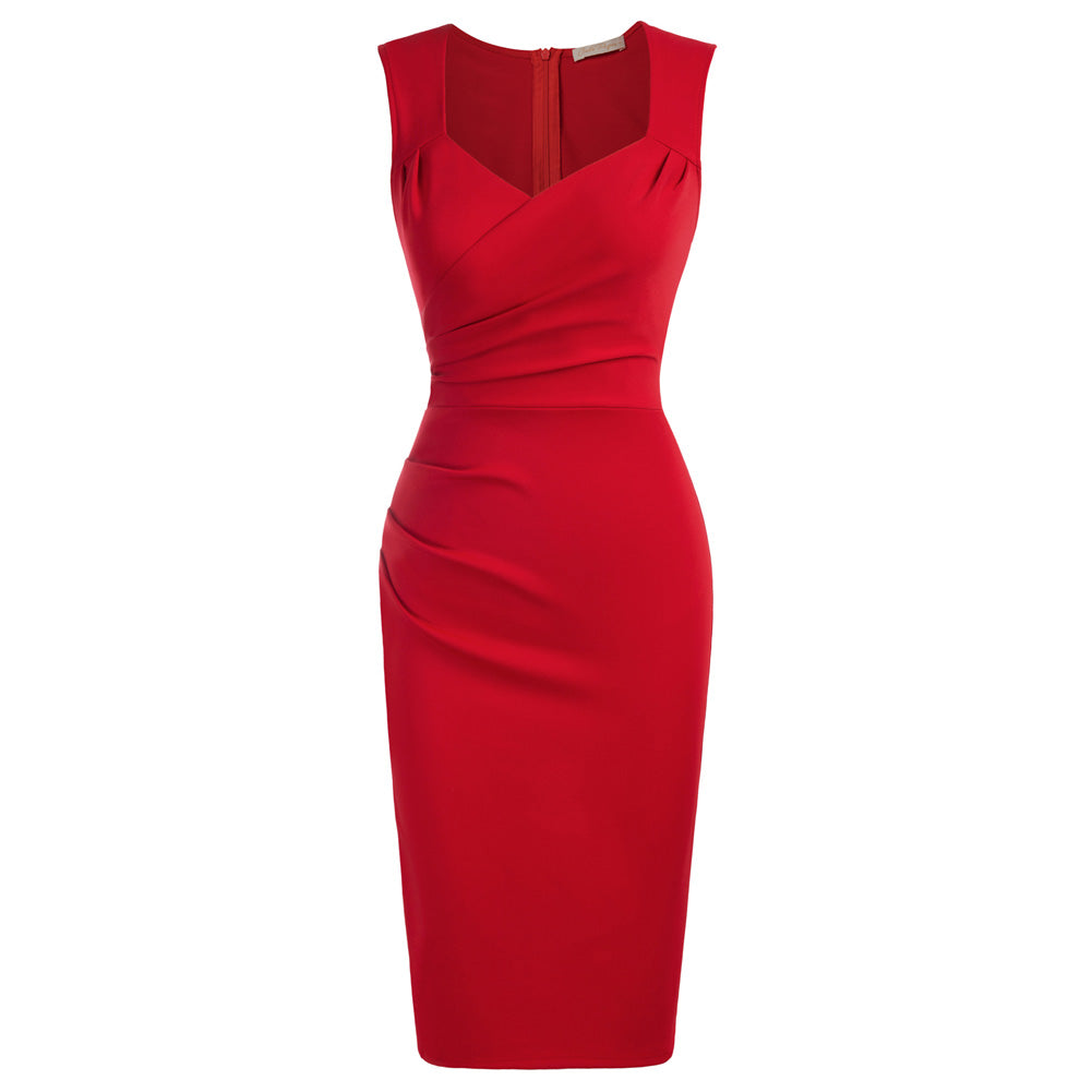 Vintage Ruched Bodycon Dress Sleeveless Surplice V-Neck Pencil Dress