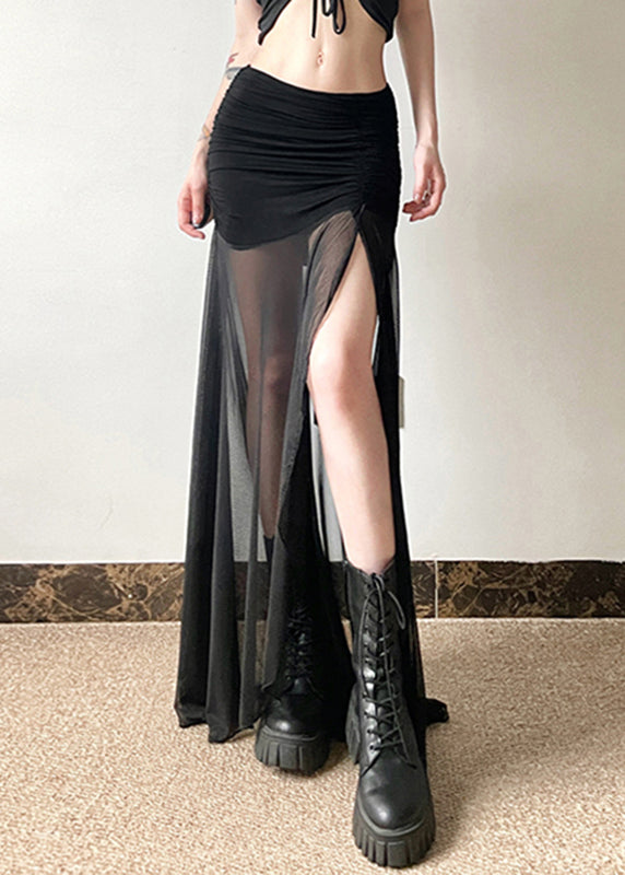 Women Black Elastic Waist Wrinkled Tulle Patchwork Maxi Skirt Summer
