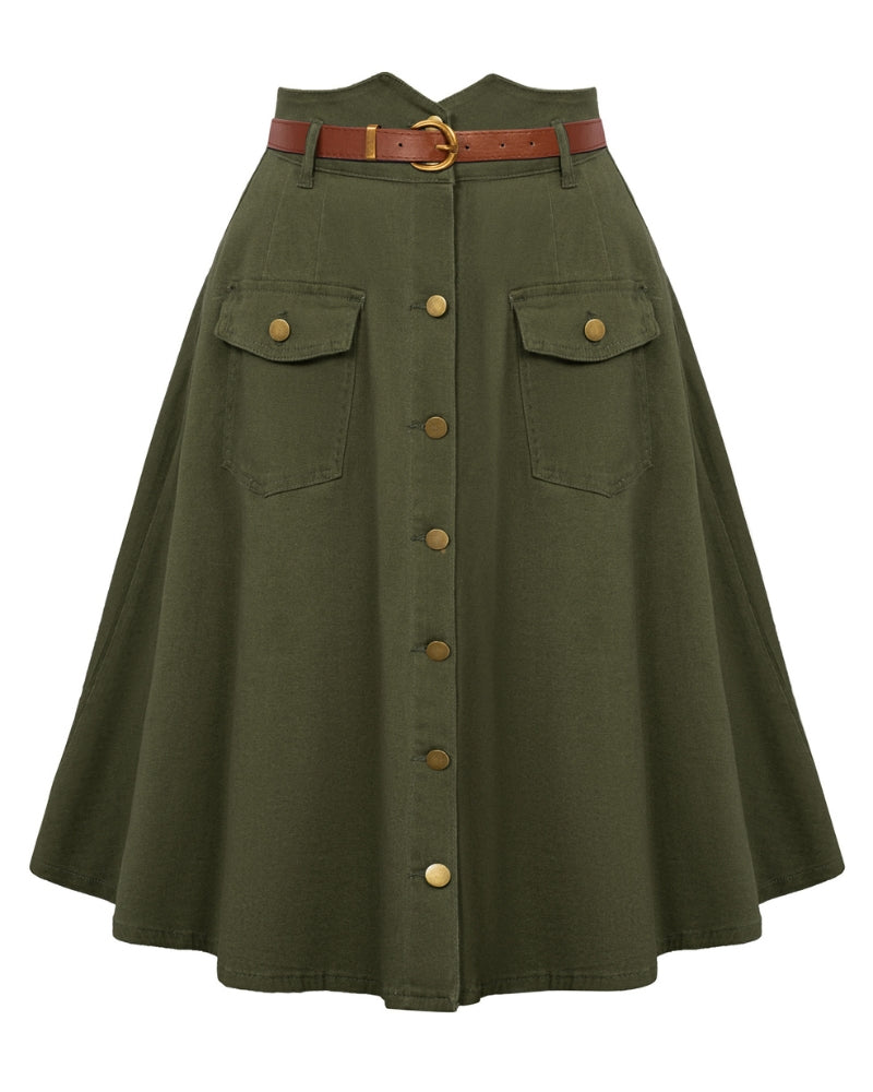 Button-up Skirt with Belt High Waist Flared A-Line Jean Skirt