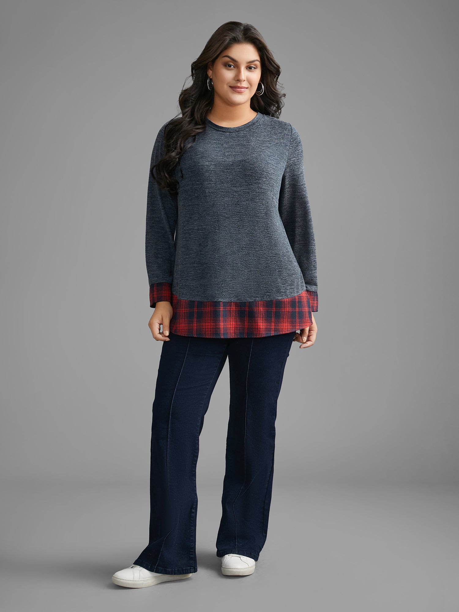 Round Neck Plaid Patchwork Heather T-shirt