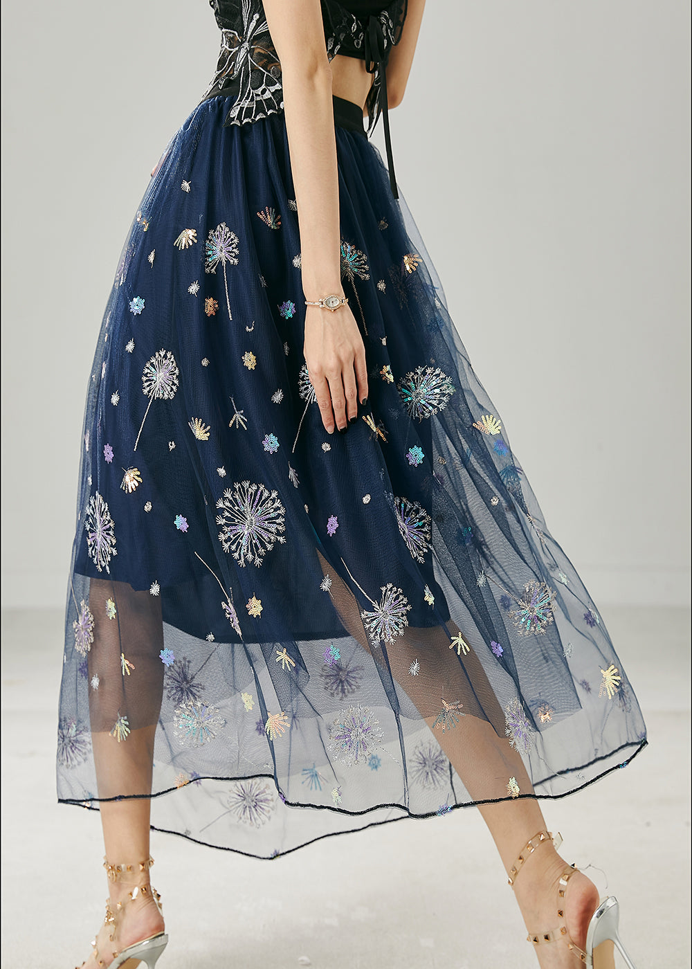 Beautiful Navy Dandelion Embroidered Tulle Skirts Summer