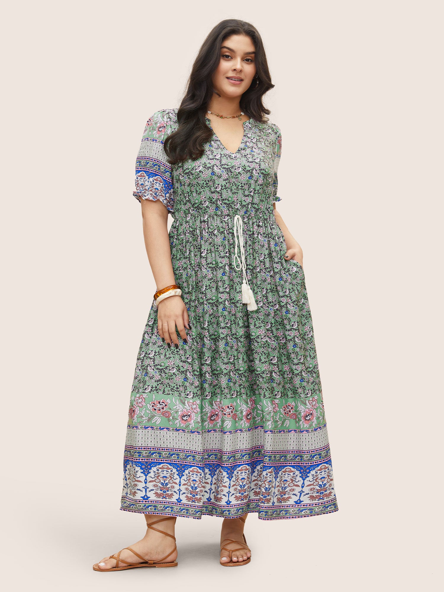 Boho Print Notched Ties Tassel Trim Dress