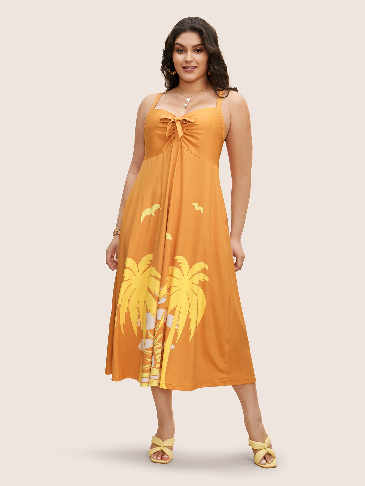 Heart Neckline Tropical Print Tie Knot Midi Dress