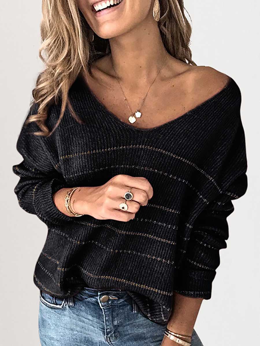 Solid Color Knit Sweater Casual Striped V-Neck Top