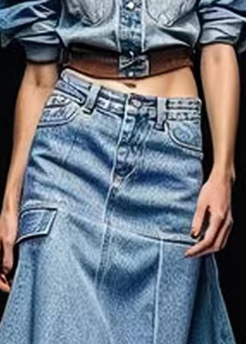 Blue Pockets High Waist Patchwork  Skirt Summer