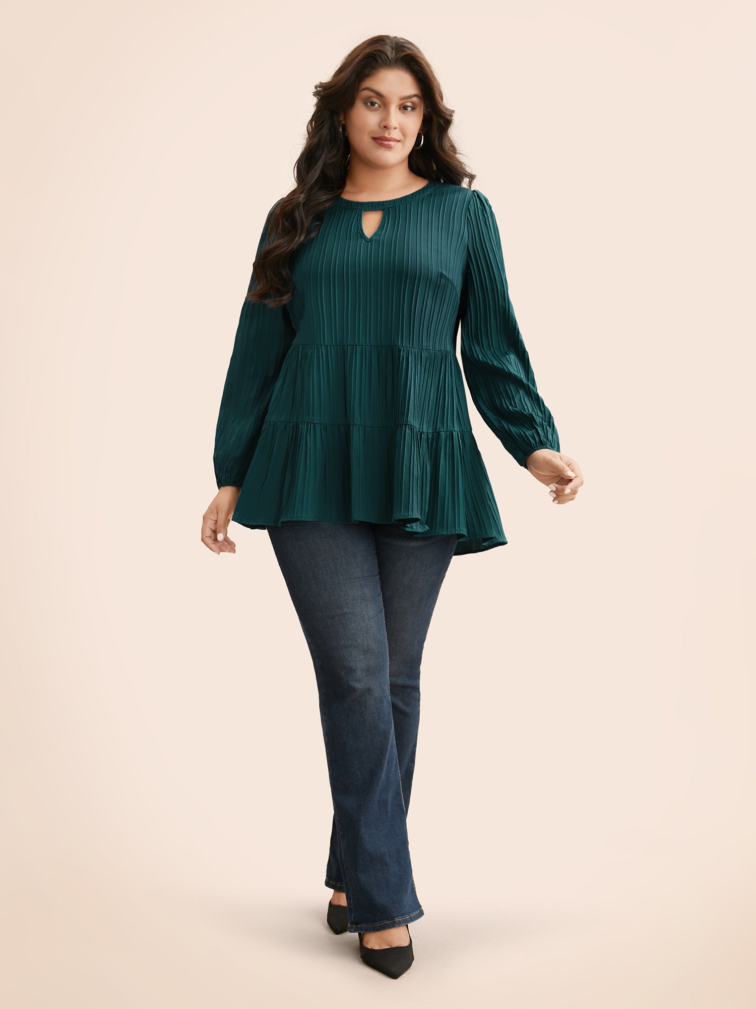 Textured Keyhole Pocket Lantern Sleeve Blouse