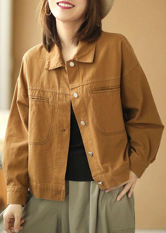 Plus Size Brown Peter Pan Collar Pockets Button Fall Coats Long Sleeve