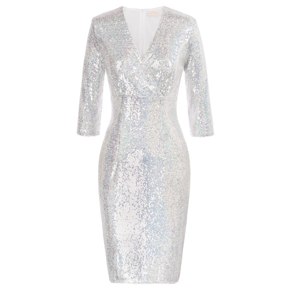 Vintage 50s Sequin Pencil Dress V Neck Glitter Dresses