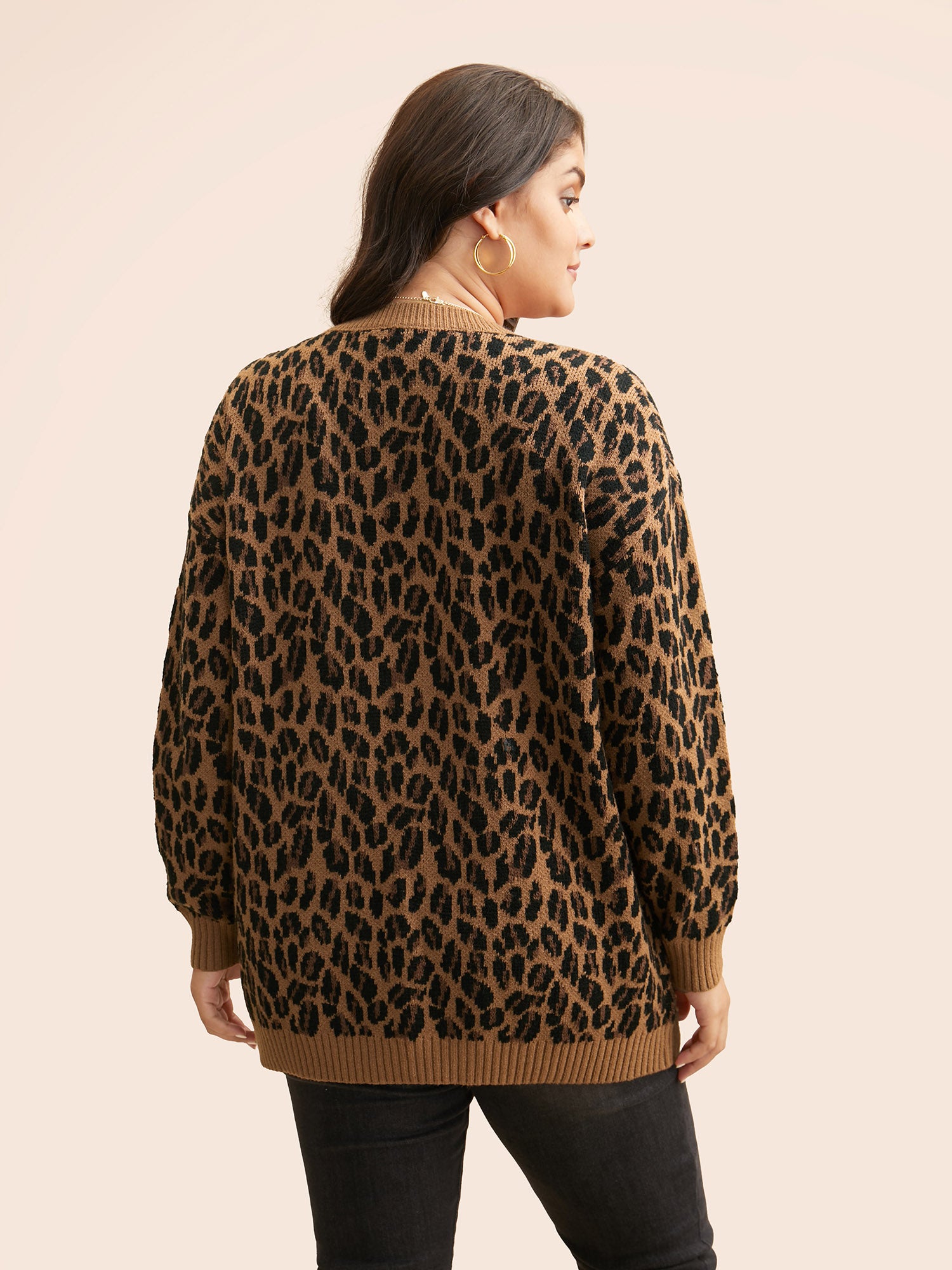 V Neck Leopard Print Jacquard Pullover