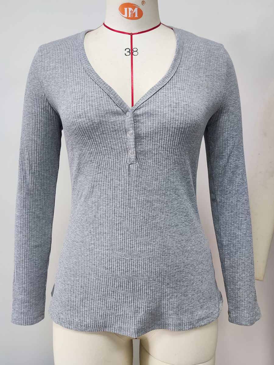 Solid Color V-Neck Long-Sleeved T-Shirt