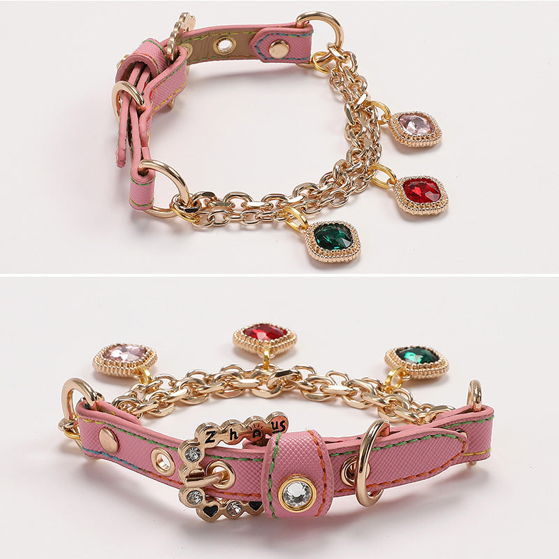 Multicolor Rhinestone Dog Cat Collar&Leash