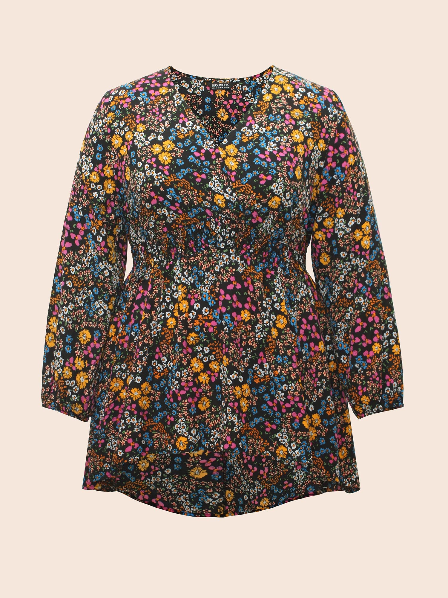Floral Smocked Waistline Surplice Neck Blouse