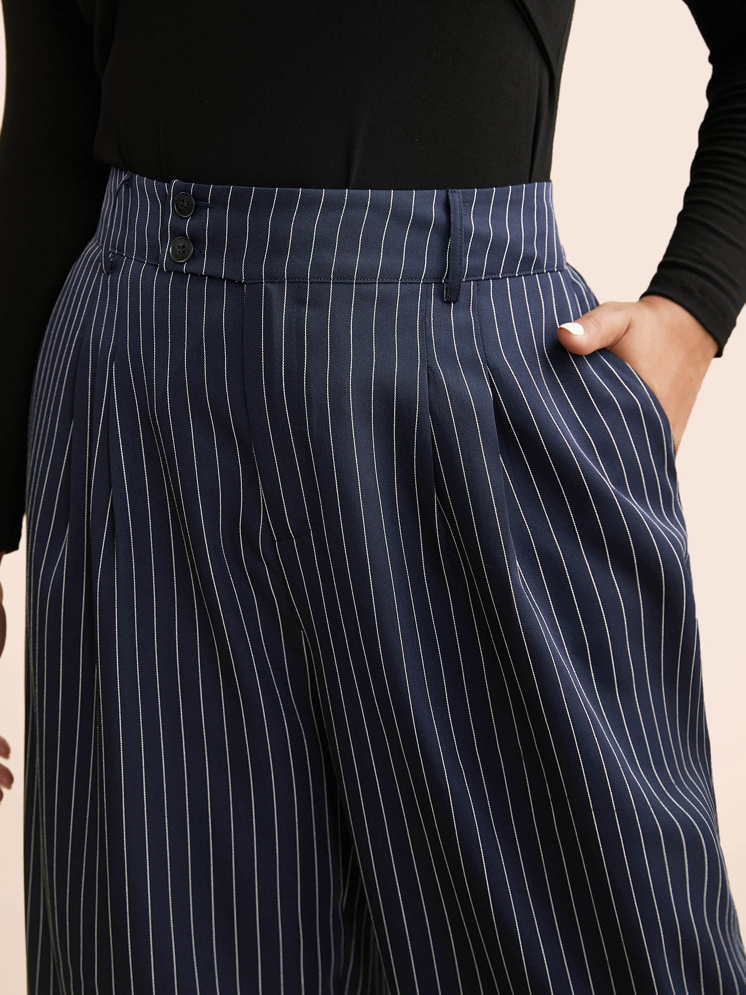 Striped Button Detail Mid Rise Wide Leg Pants