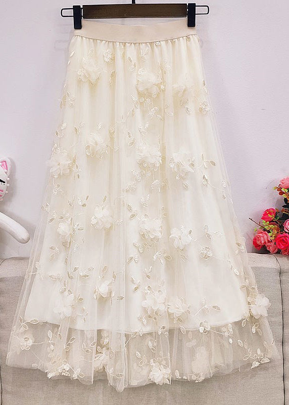 Simple Pink Embroidered Floral Tulle Maxi Skirt Summer