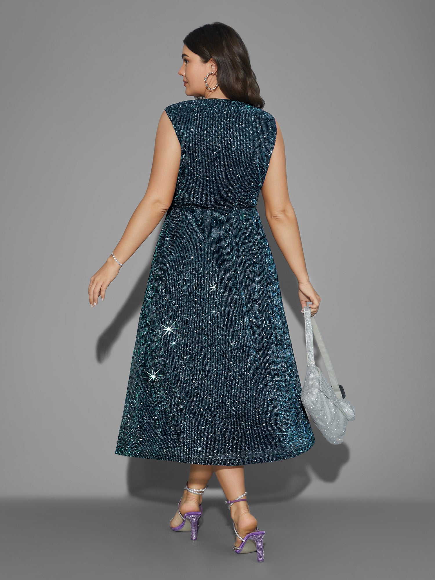 Sequin Surplice Neckline Sleeveless Midi Dress