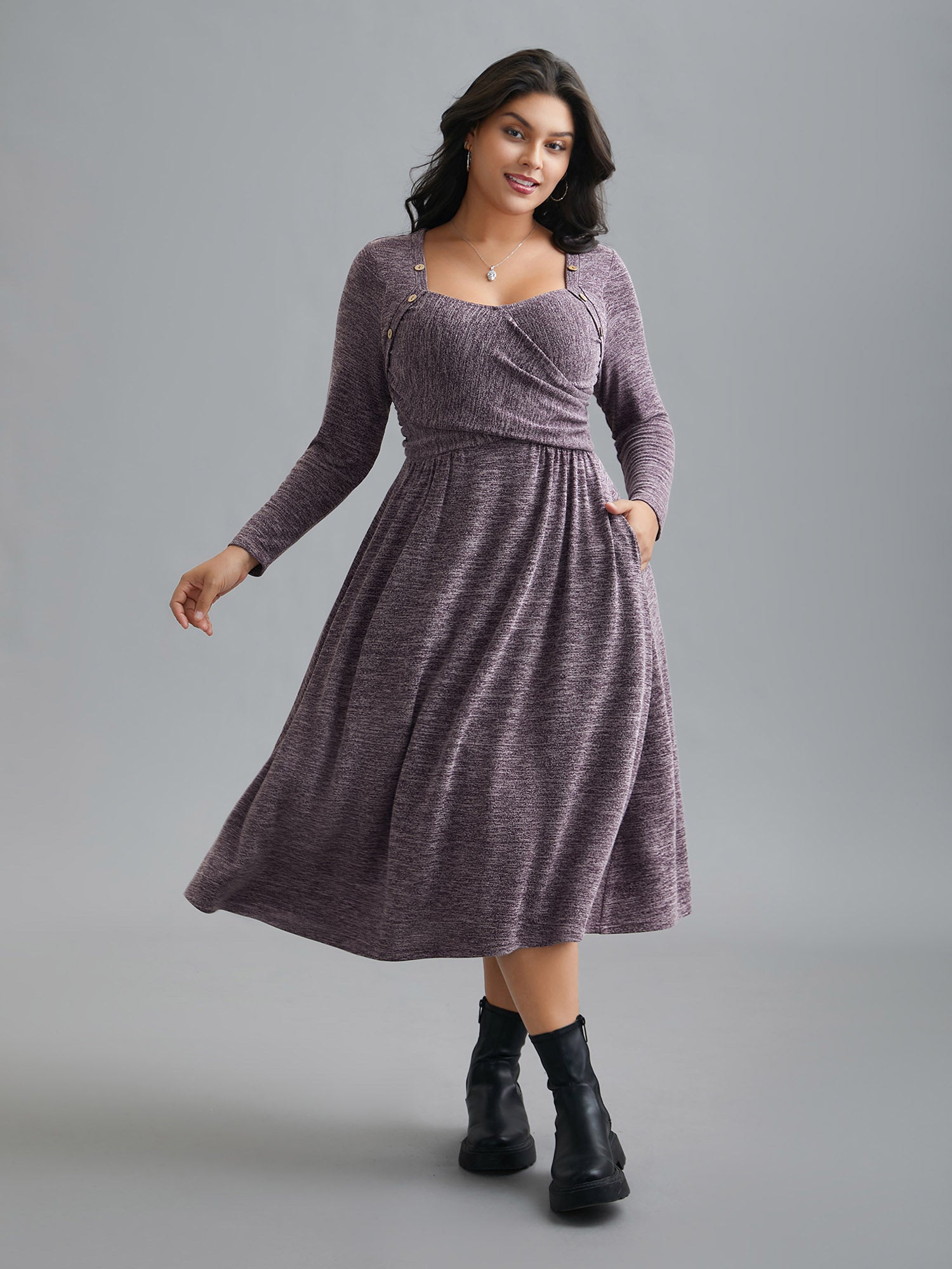 Heart Neckline Button Detailing Crossover Fit Dress