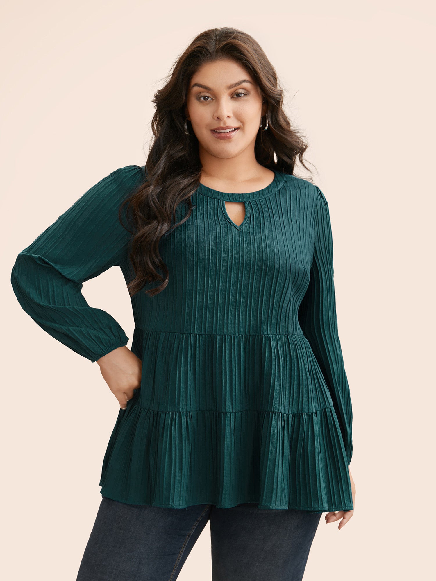 Textured Keyhole Pocket Lantern Sleeve Blouse