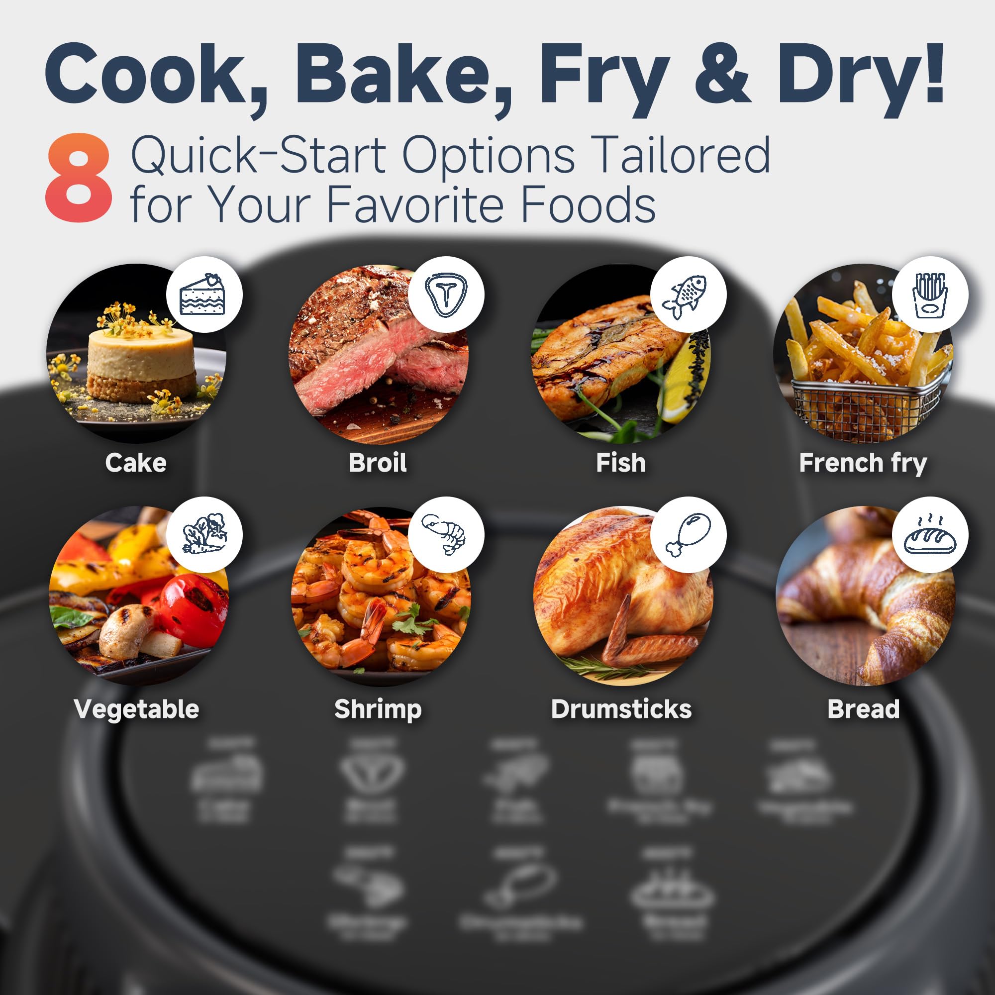 8QT 6-In-1 Easy View Non Toxic Air Fryer, Non-drawer, Precise Temp & Timer Control, Pre-Set Timer, Auto Shutoff, Roast, Bake, Reheat & Dehydrate