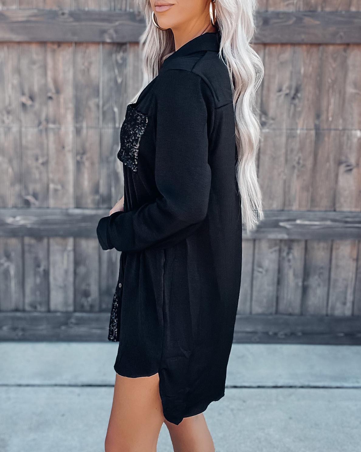 Satin Sequin Button Down Shirt Dress