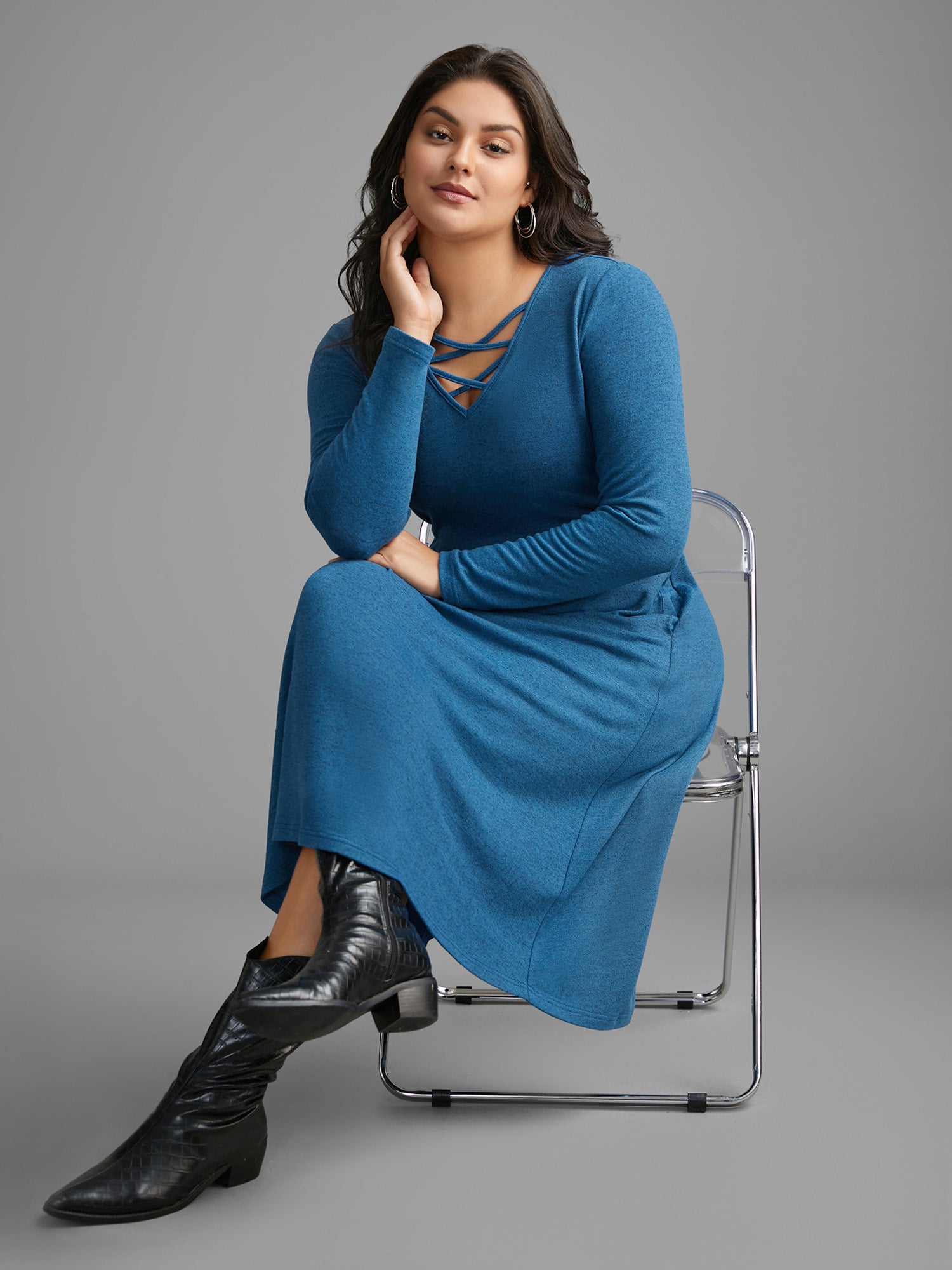 Plain Crisscross Pocket Knit Dress