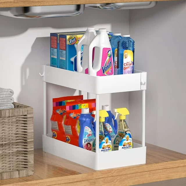 2-Tier Under Sink Shelf Organizer Space Saving Bathroom Sink Storage Rack With 4 Hooks