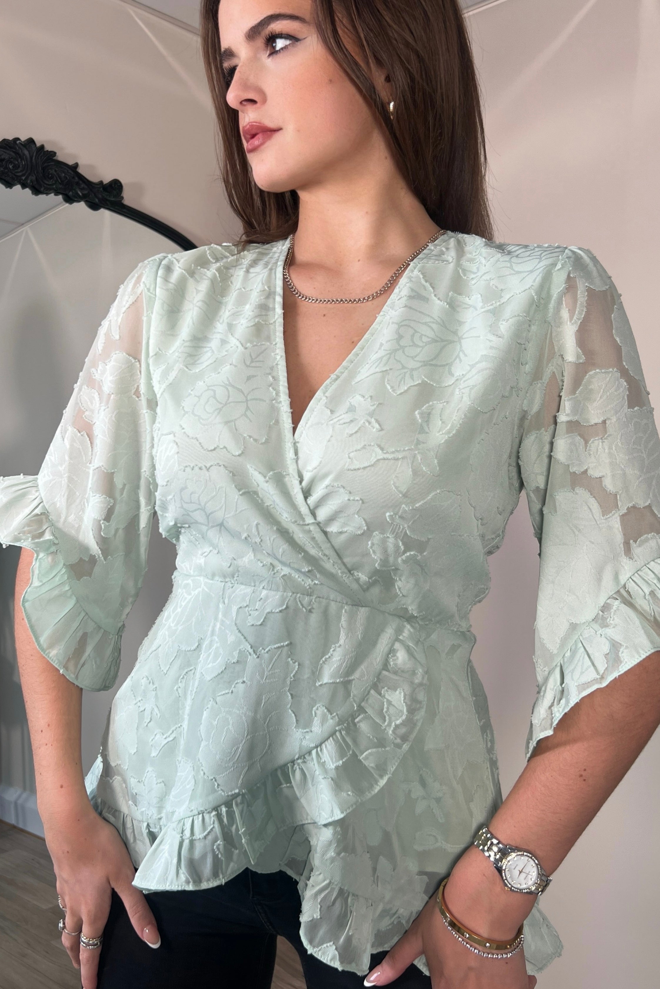 Rory Frill Detail Wrap Front Top Green
