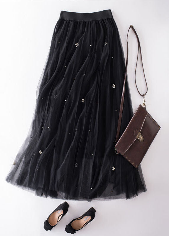 Black Wrinkled Patchwork Nail bead Tulle Skirt Spring