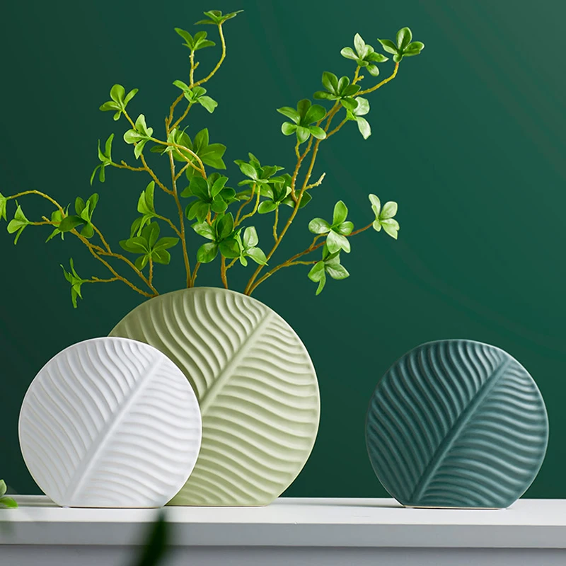 Ceramic Leaf Vase Living Room Decorations Flower Arrangement Vase Desktop Creativity Green Leaves Floral Ornaments