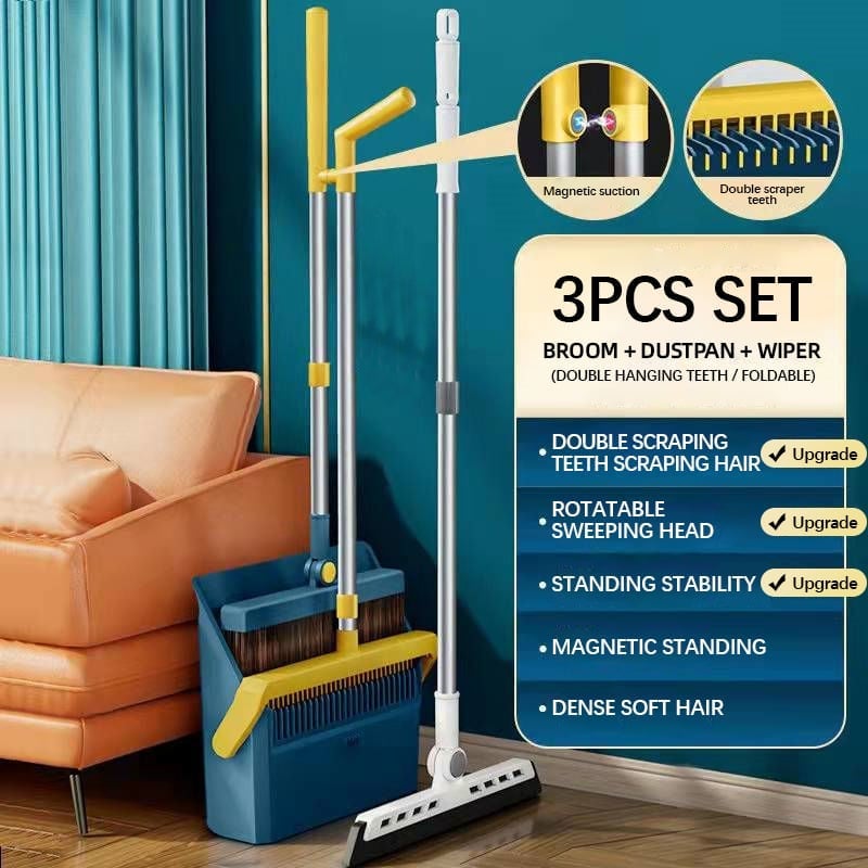 Broom and Windproof Dustpan with Adjustable Handle