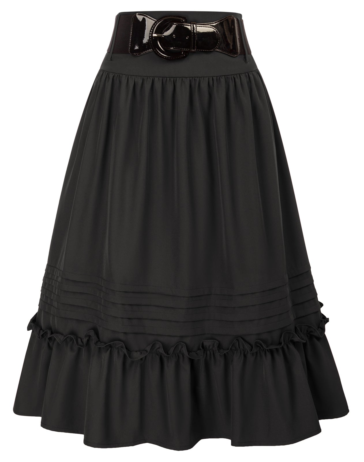 Belt Decorated Skirt Elastic High Waist Tiered  A-Line Skirt