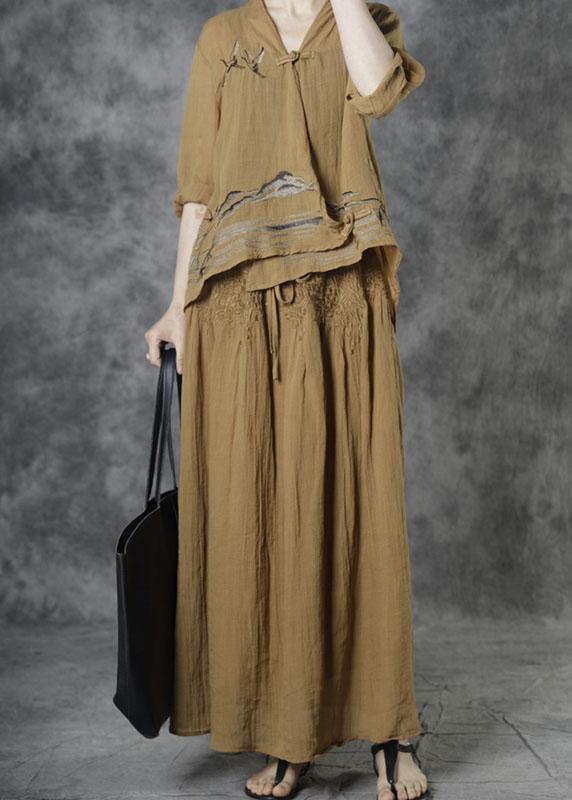 Italian Yellow Embroidered Tie Waist Fall Skirt