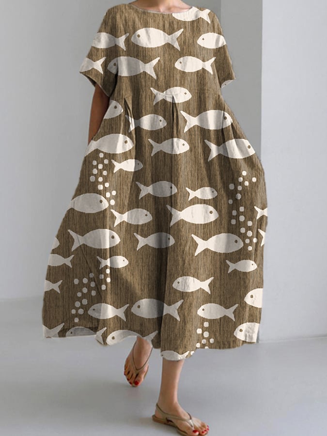 Spring And Summer Small Fish Printed Women's Style Autumn Fragrant Hemp Dress