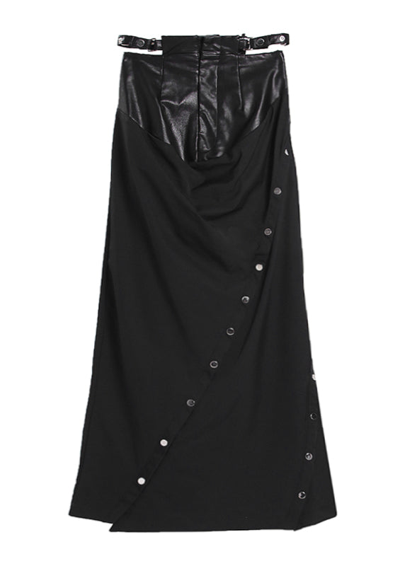 Black Button Patchwork side open Skirts Spring