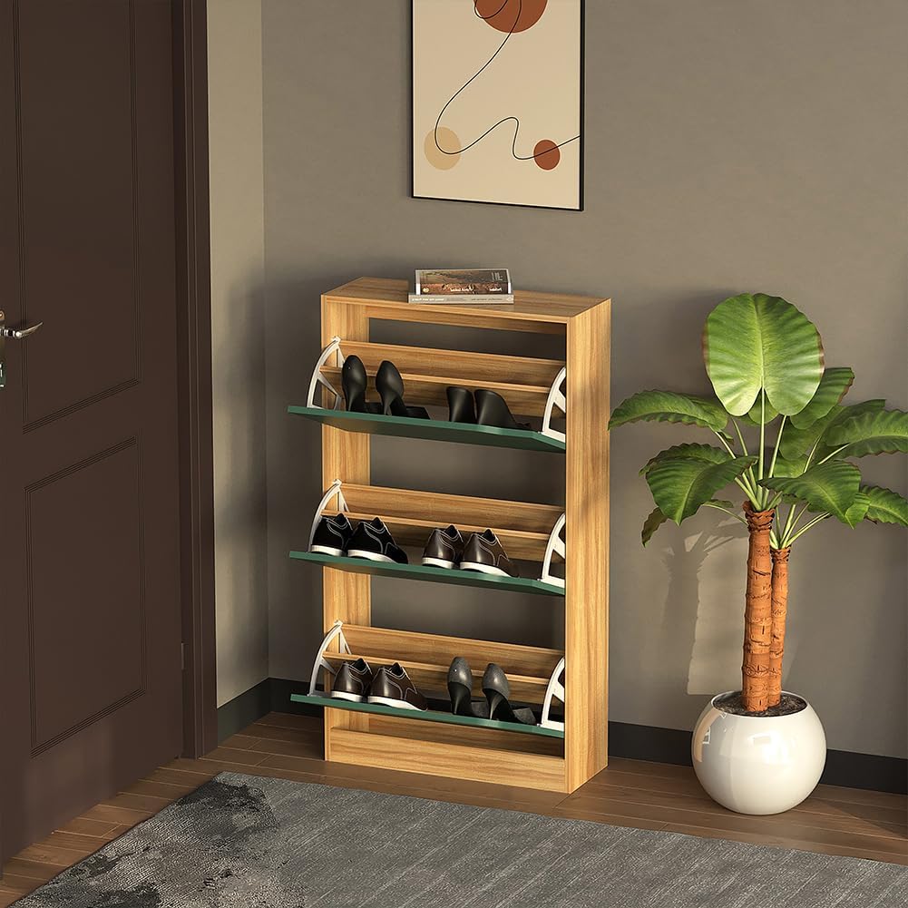 Wood Shoe Cabinet with 3 Doors, Shoe Cabinets, Retractable Handles, Double Depth, 63 x 24 x 115 cm